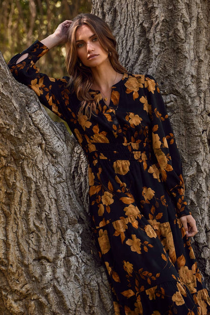 Rusty Rose Floral Printed Tiered Maxi Dress: Black Multi