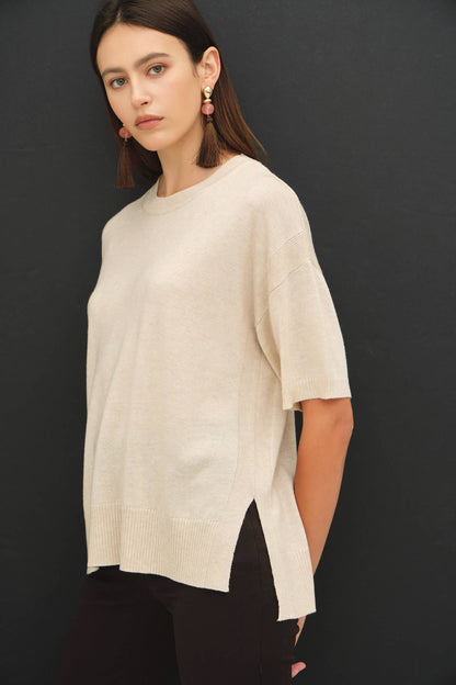 Fayee Boxy Fit Short Sleeve Sweater Top: Oatmeal