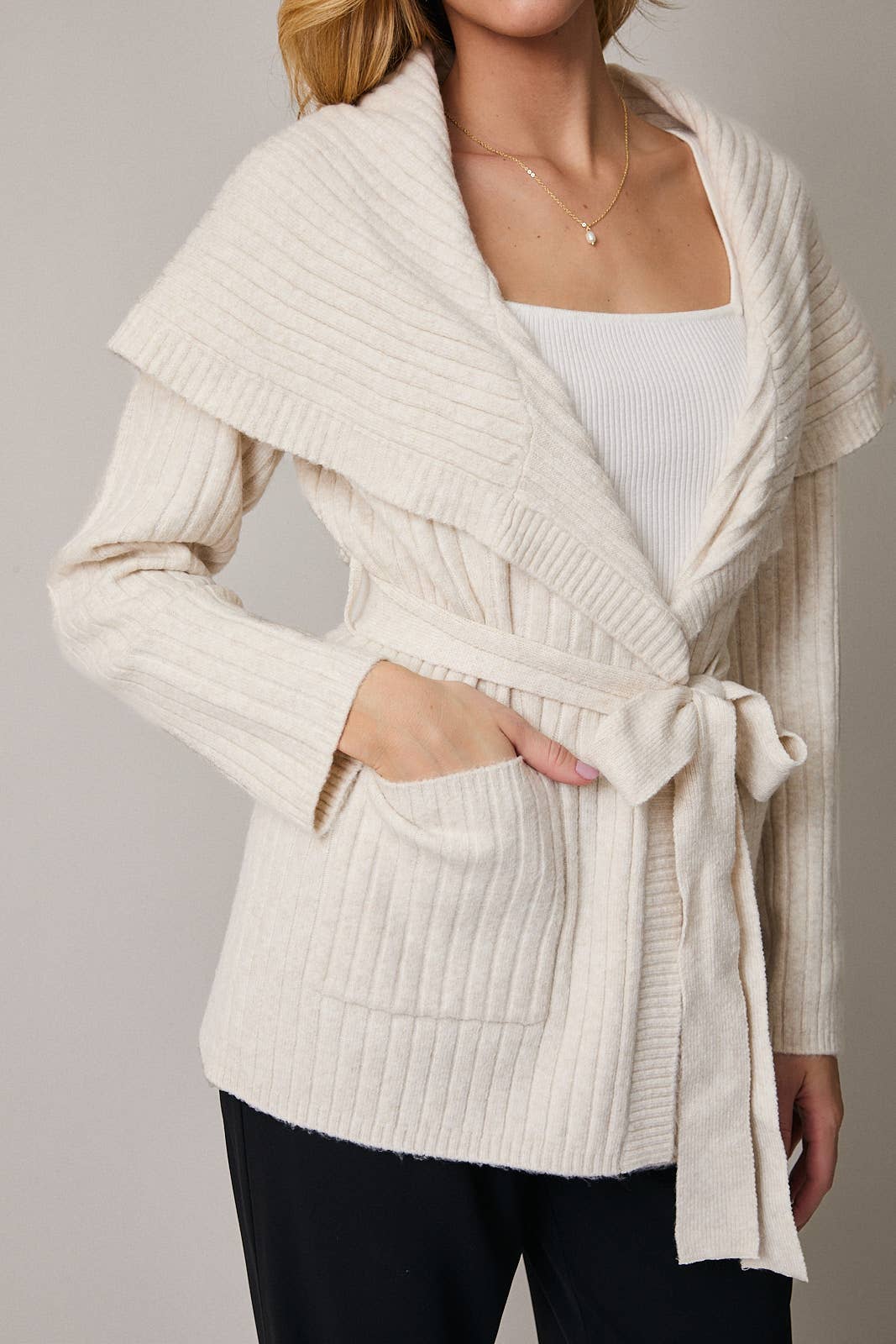 Nora Long Sleeve Wrap Sweater Cardigan: Cream