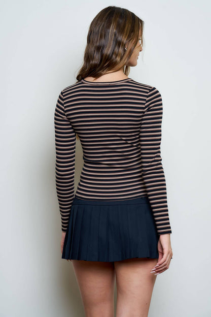 BUTTON DOWN CREW NECK STRIPED LONG SLEEVE KNIT TOP: BURGUNDY MULTI