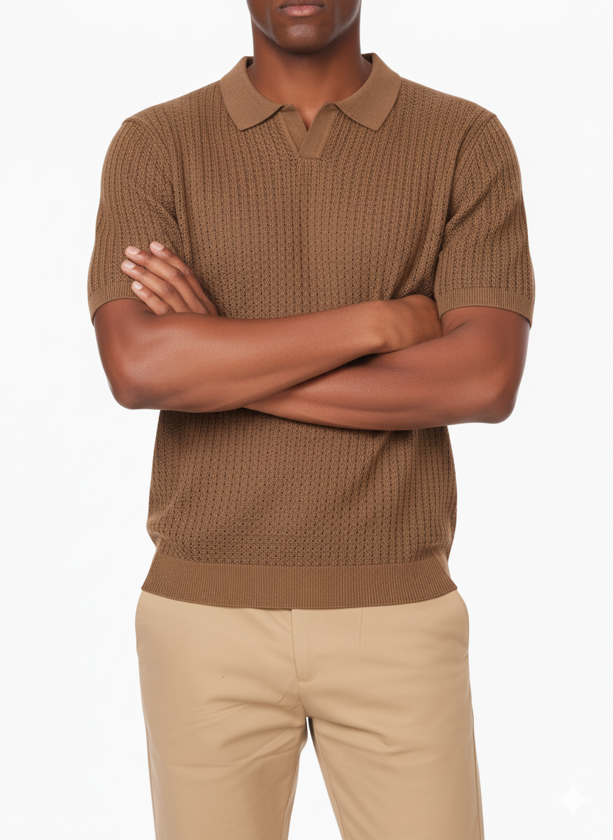 Henry Men's Textured Polo Shirt: BROWN