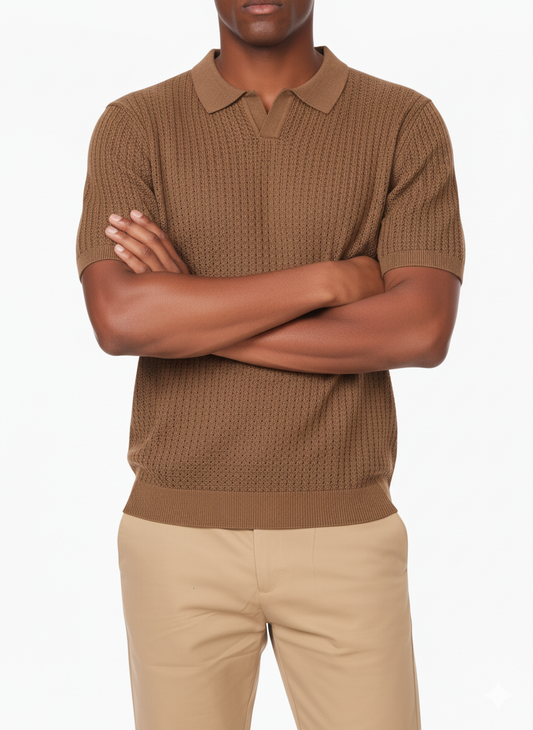 Henry Men's Textured Polo Shirt: BROWN