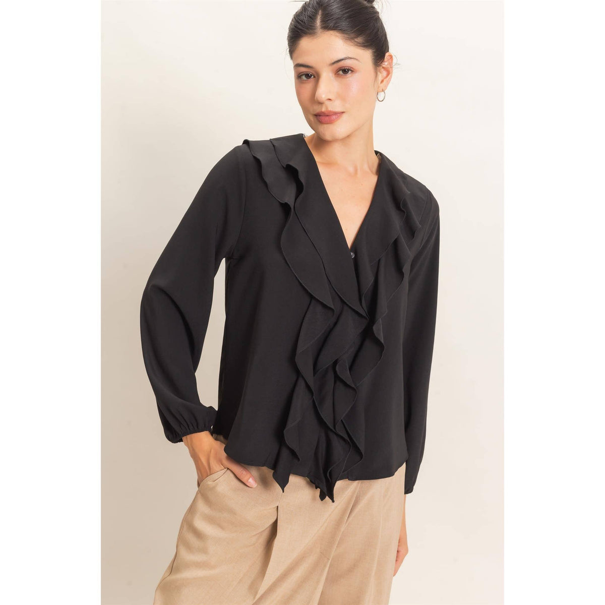 Ruffled V-Neck Button-Up Blouse: TEAL / S-M-L(2-2-2)
