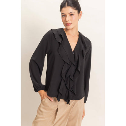 Ruffled V-Neck Button-Up Blouse: TEAL / S-M-L(2-2-2)