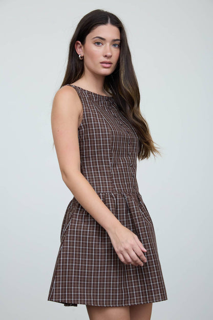 Remi Plaid Boat Neck Mini Dress: Brown Plaid