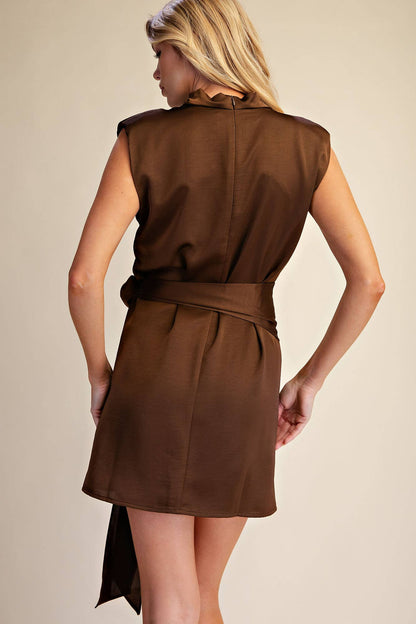 Mock Neck Waist Tie Mini Dress: Brown