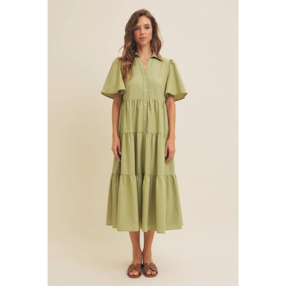 Savannah Flutter Sleeved Button-Down Shirt Midi Dress: Lt Olive