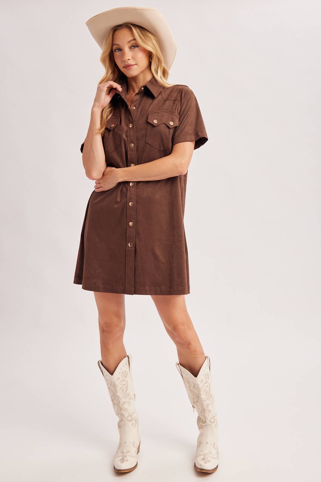 Cheyenne Collared Short Sleeve Faux Suede Mini Shirt Dress: Chocolate