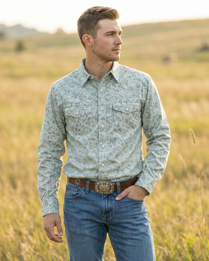 Men's Premium Cotton Western Pearl Snaps Long Sleeves Shirts with Stretch ML-26: Seafoam Blue