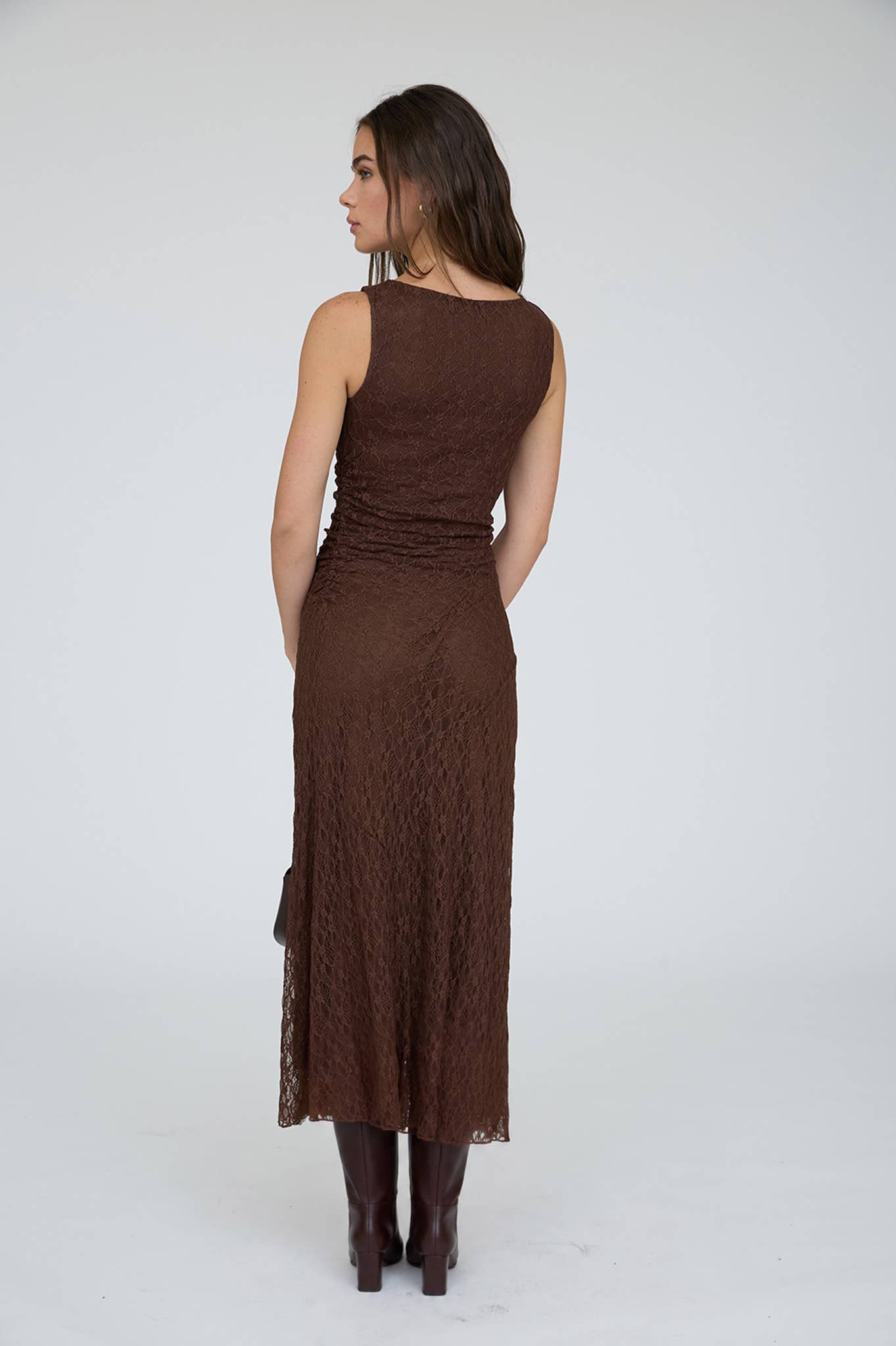 LACE RUCHED DETAIL TANK MIDI DRESS : DARK BROWN