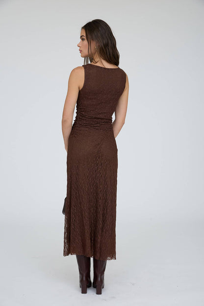 LACE RUCHED DETAIL TANK MIDI DRESS : DARK BROWN