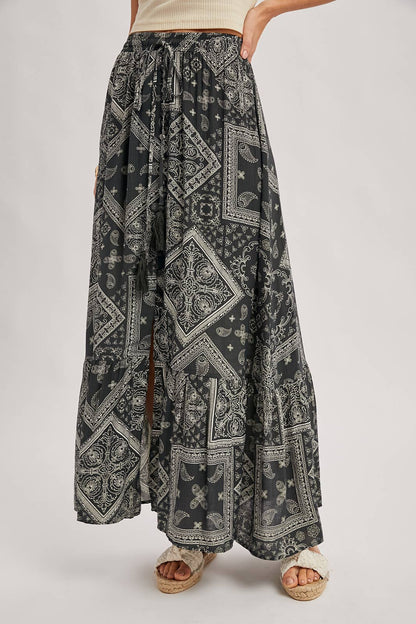 BOHO PRINT TIERED BUTTON DOWN FRONT MAXI SKIRT: ASH