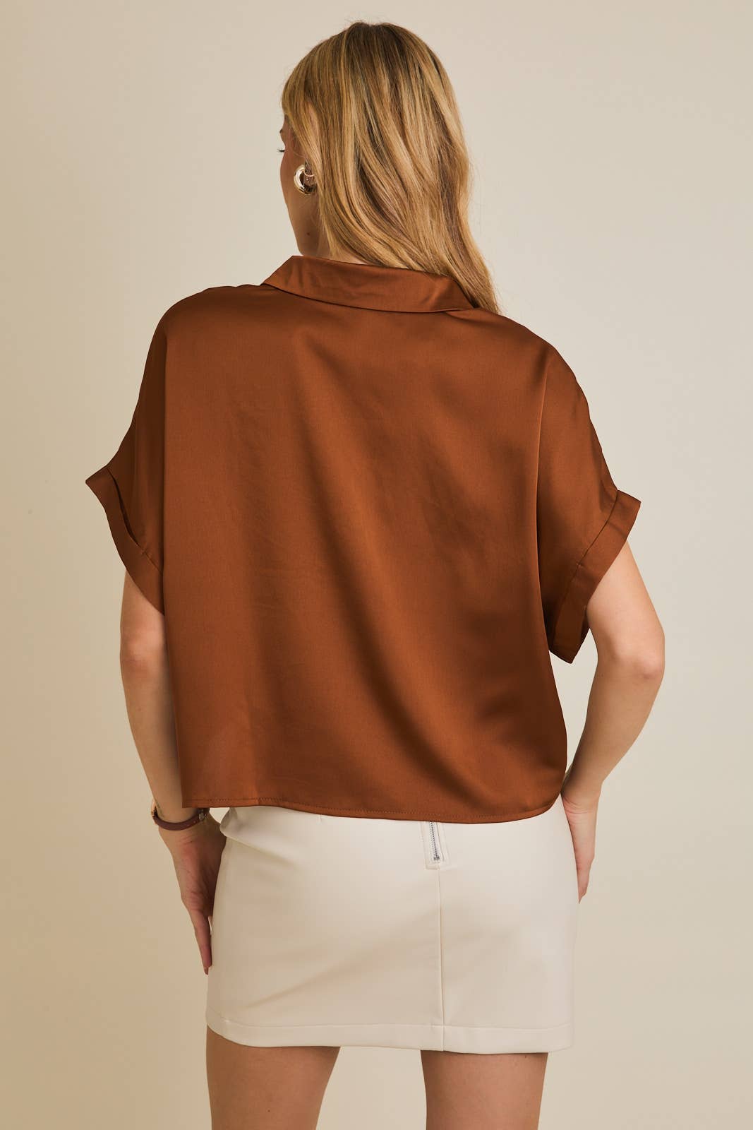 Tallulah Satin Boxy Button Down Blouse: Camel