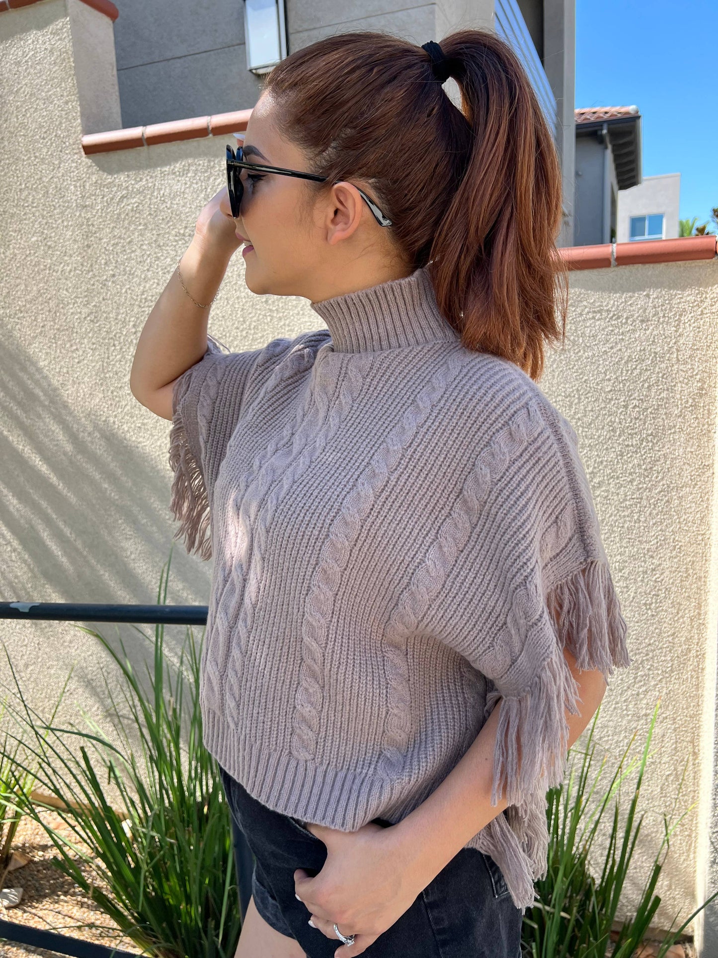 Cider | Turtleneck Poncho with Tassel Trim