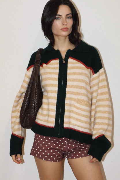 Ryder Stripe Horse Zip Knit Sweater: Forest Green