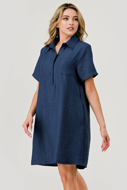 Ellie Casual Collared Game Day Shift Dress Navy