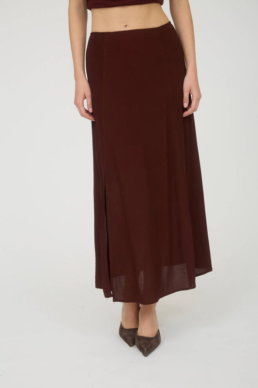 Fiona Side Slit Lightweight Midi Skirt: Burgundy