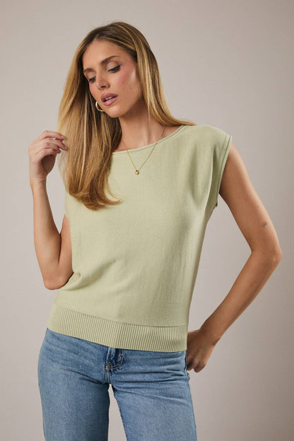 Mae Boat Neck Wide Shoulder Knit Top: Sage Green