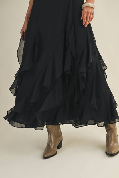 Lace V-Neck Cascading Ruffle Dress: Black / S