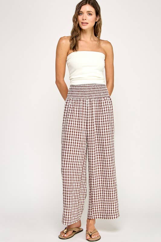The Ginny Gingham Wide Leg Linen Pants: Mocha Brown