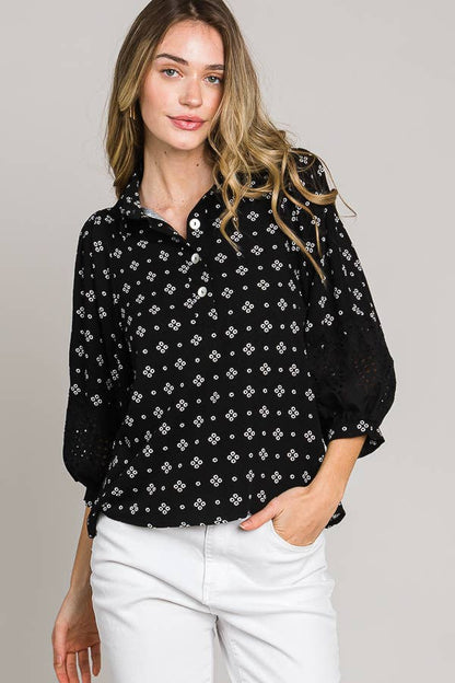 Esme Bracelet Sleeve with Eyelet lace trim blouse: Black