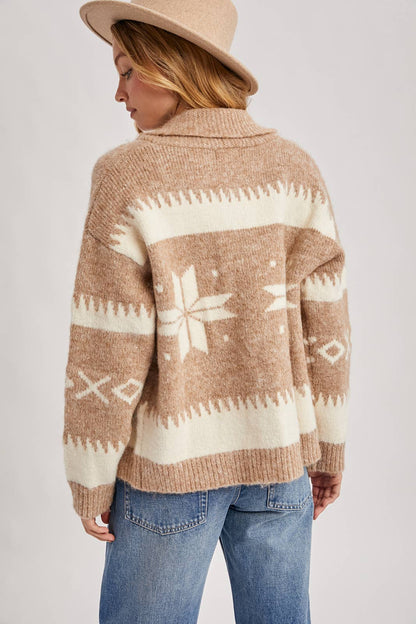 Fair Isle Fuzzy Knit Front Zipper Cardigan: Latte Combo