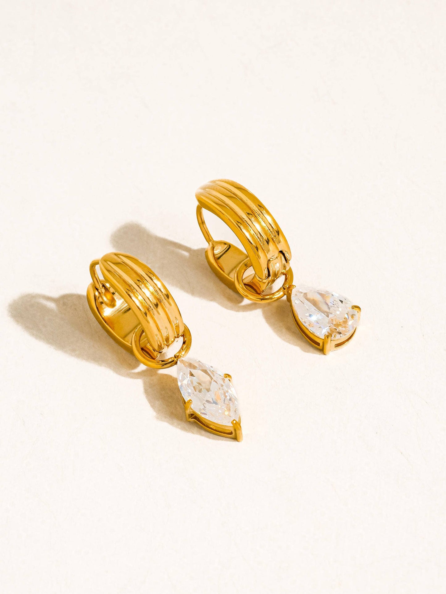 Saffron 18K Gold Non-Tarnish Teardrop CZ Mismatch Earrings: Yellow Gold