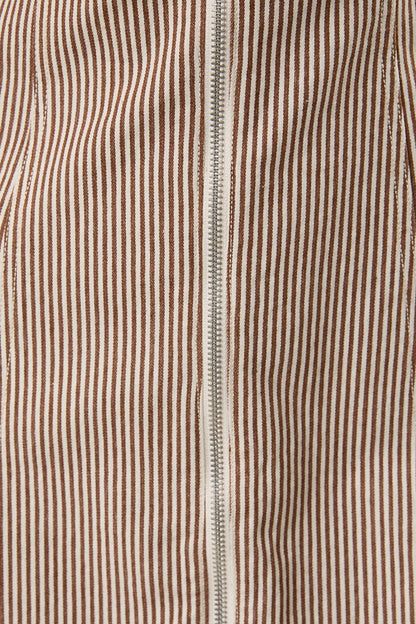 Perrie Puff Sleeve Zip Front Striped Mini Dress: Brown White