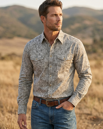 Wesley Men's Premium Cotton Western Snaps Long Sleeves Shirts with Stretch: Grey