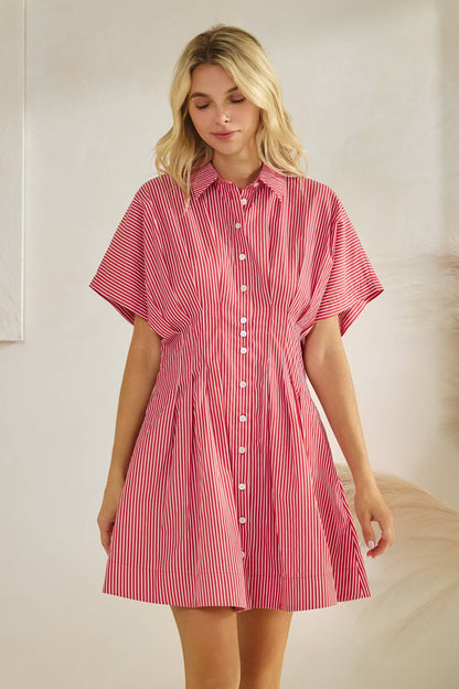 Harlow Button Down Pleated Shirt Stripe Dress: Red Stripe