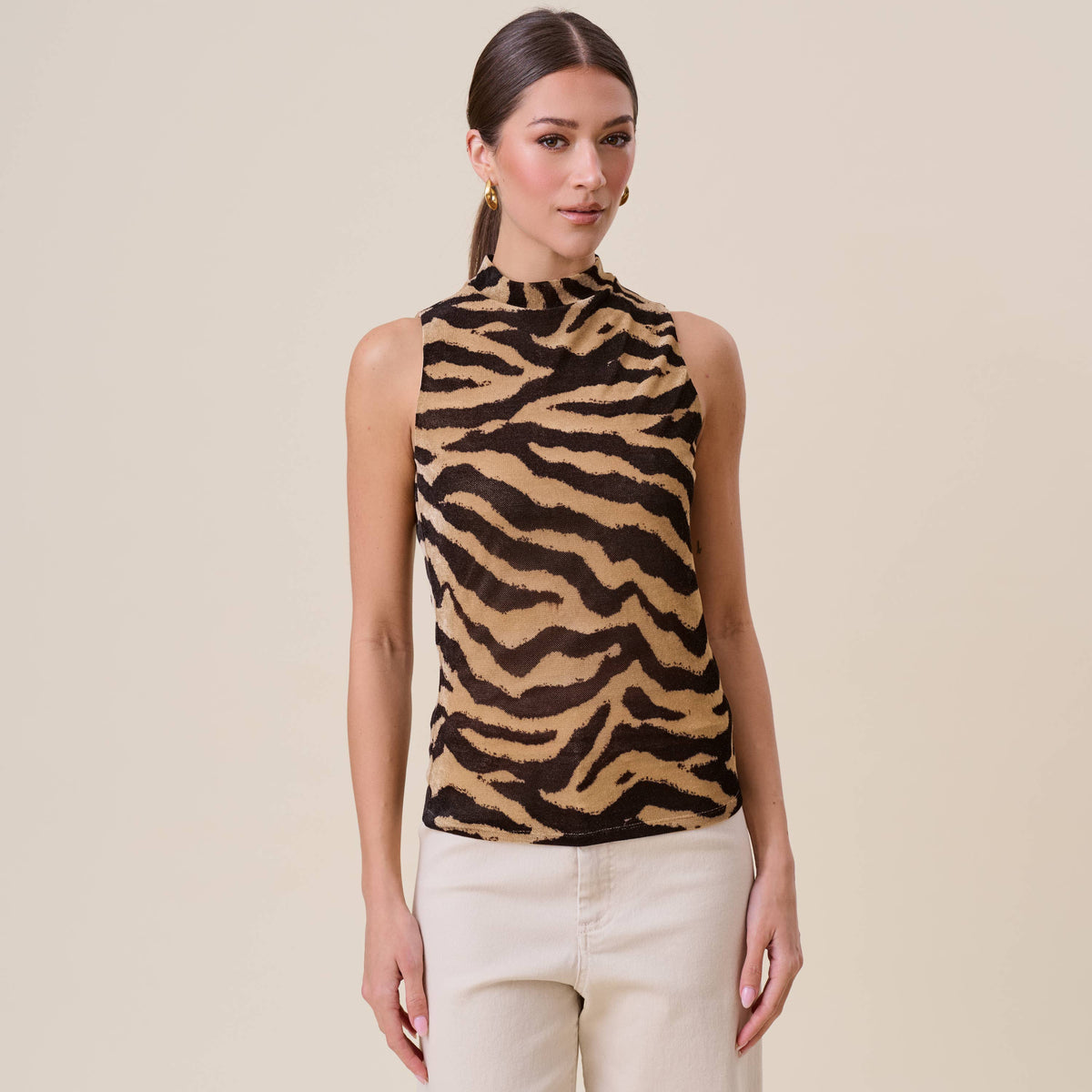 Zadie Sleeveless Mock Neck Zebra Print Top: Taupe & Black