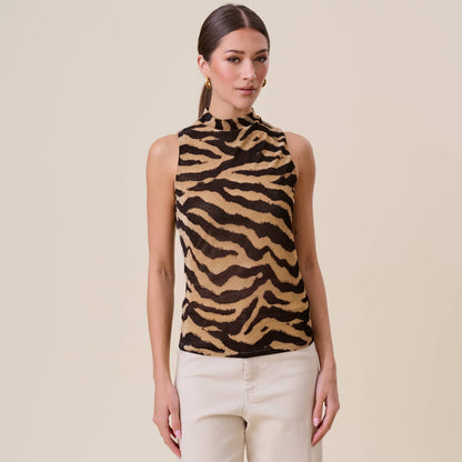 Zadie Sleeveless Mock Neck Zebra Print Top: Taupe & Black