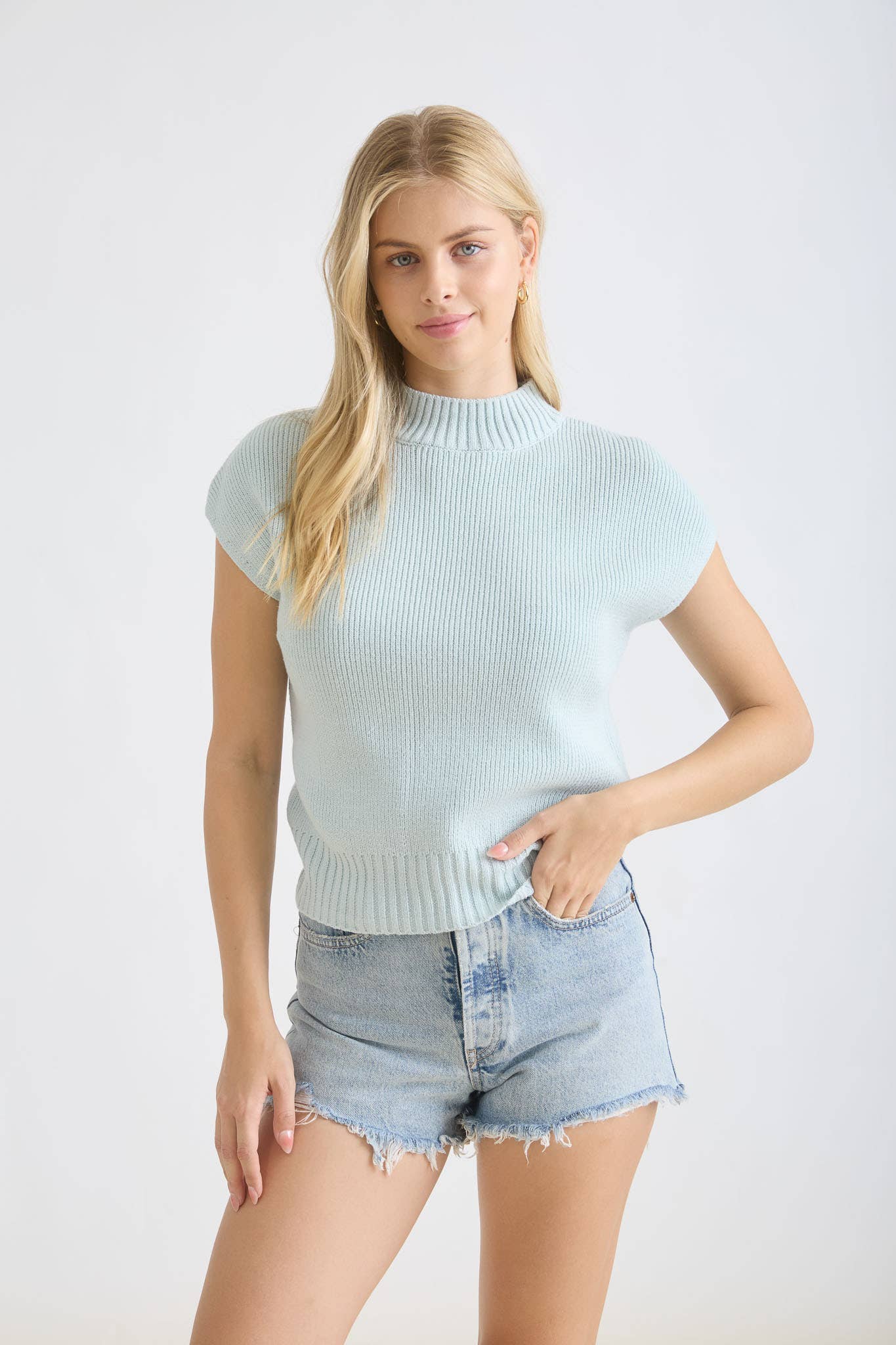 Mint Mock Neck Extended Shoulder Knit Pullover Sweater