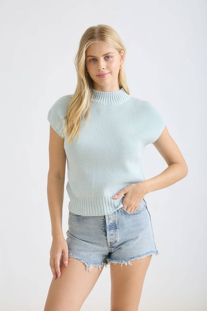 Mint Mock Neck Extended Shoulder Knit Pullover Sweater