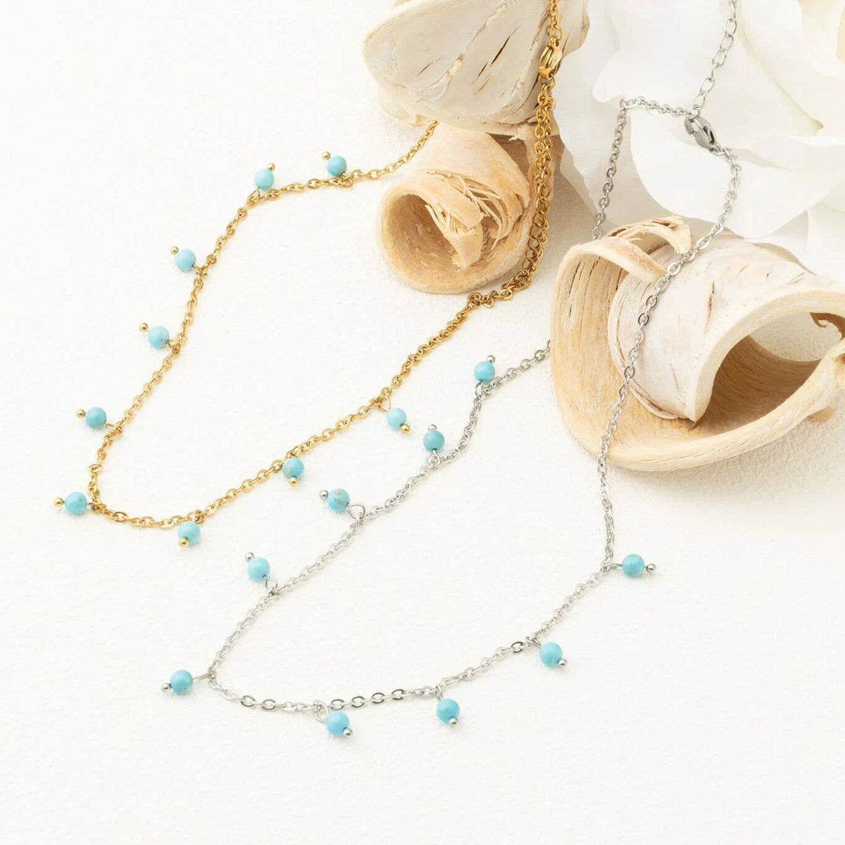 18K Gold PVD Stainless Steel Dangle Turquoise Stone Necklace: Stainless