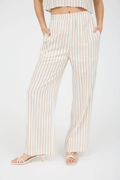 Maple Lane Stripe Linen Wide Leg Pants: Khaki