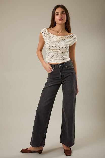 Raina Slouchy Shoulder Sleeveless Polka Dot Top: Cream Brown