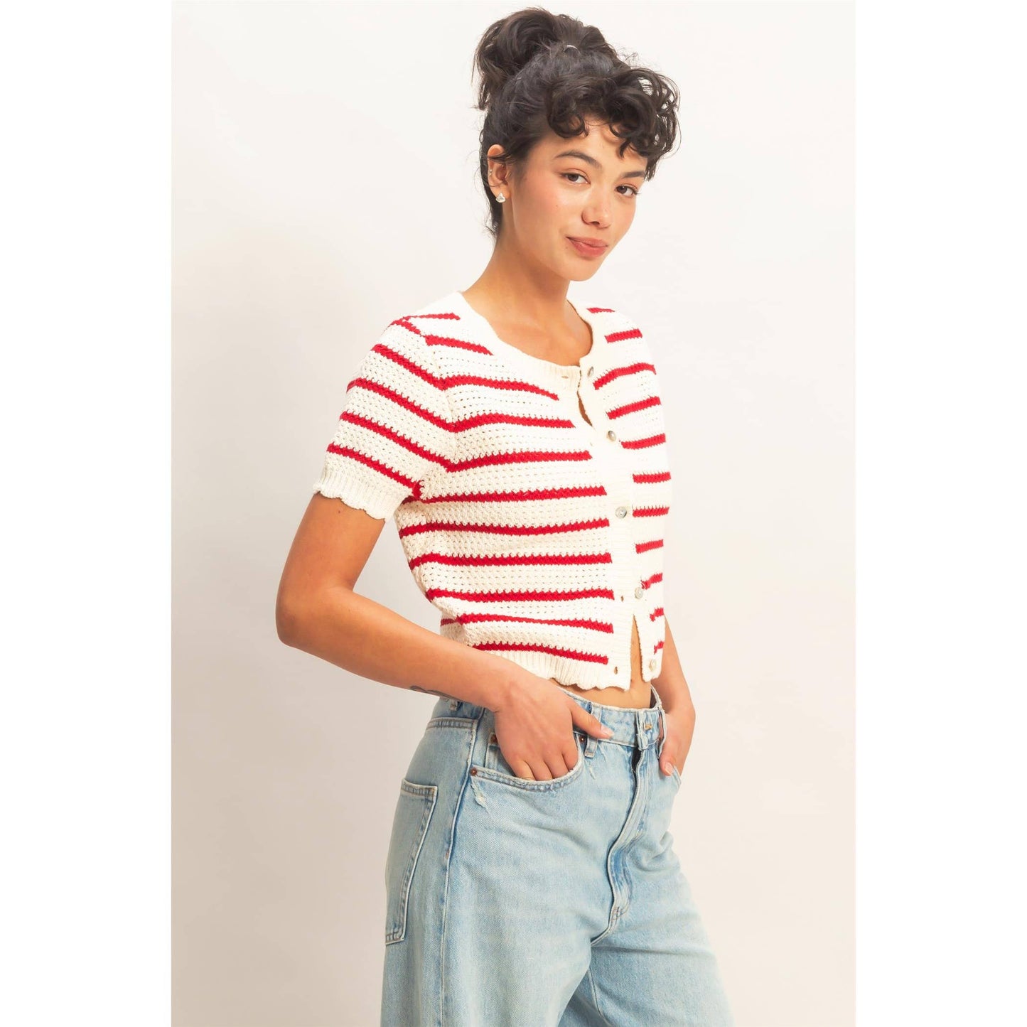 Newport Striped Short Sleeve Cardigan With Scallop Edge: RED