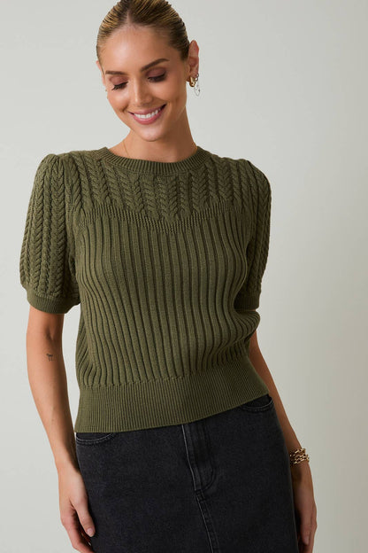 Cypress Short Sleeve Cable Sweater: Olive