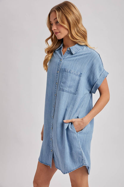 Annie Denim Button Down Shirt Dress: Light Wash