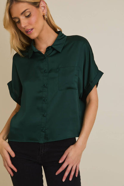 Tallulah Satin Boxy Button Down Blouse: Hunter Green