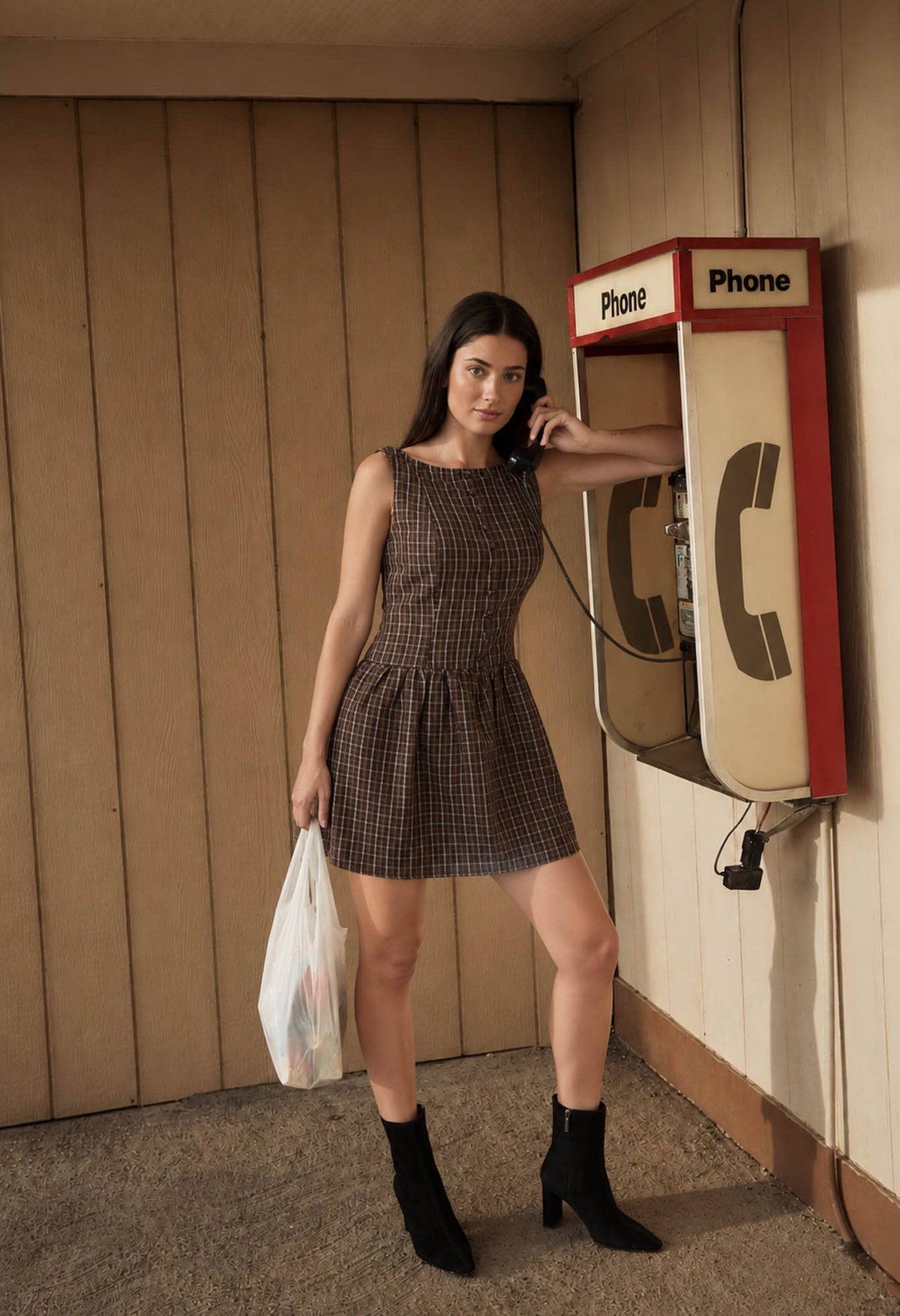 Remi Plaid Boat Neck Mini Dress: Brown Plaid