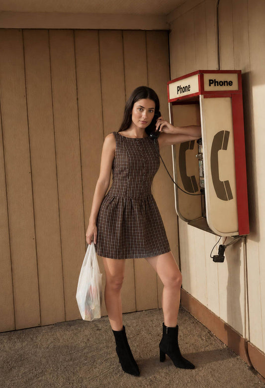 Remi Plaid Boat Neck Mini Dress: Brown Plaid