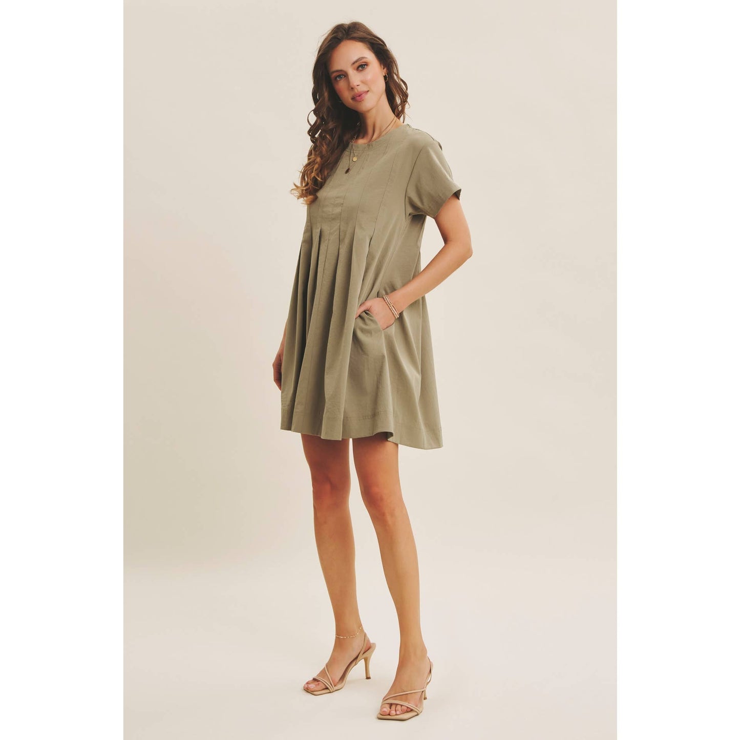 Easygoing Pleated Detail Mini Dress with Pockets: Olive