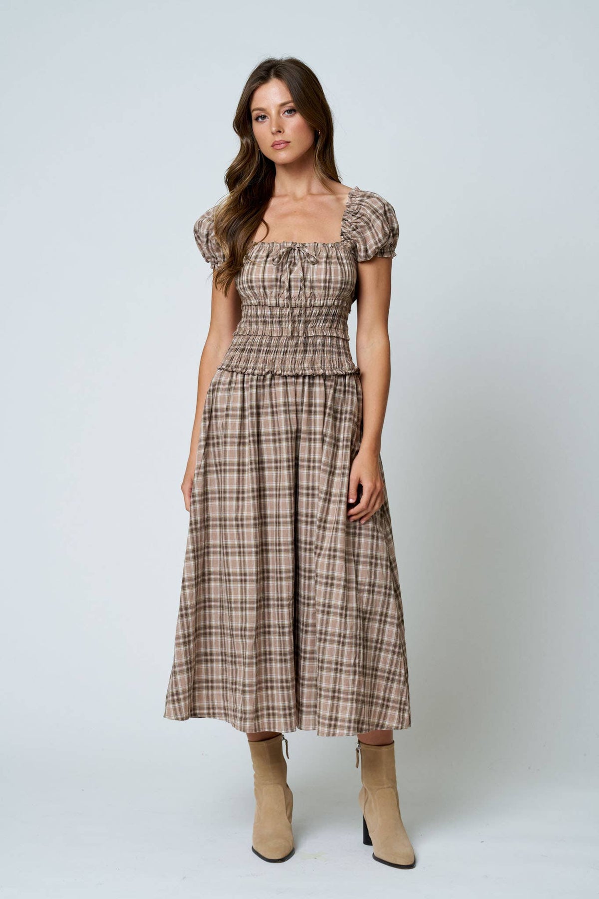 Maisie Plaid Puff Sleeve Smocked Waist A-Line Midi Dress: Khaki