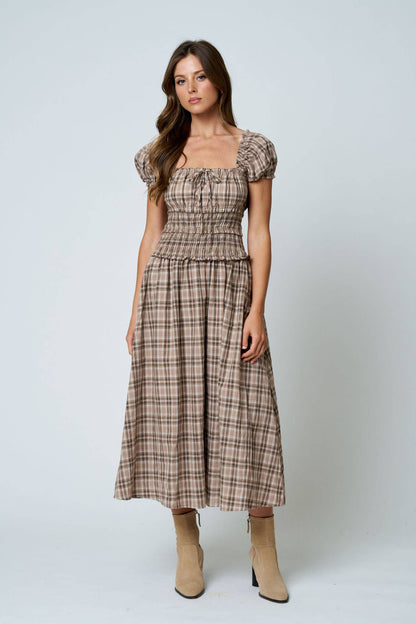 Maisie Plaid Puff Sleeve Smocked Waist A-Line Midi Dress: Khaki