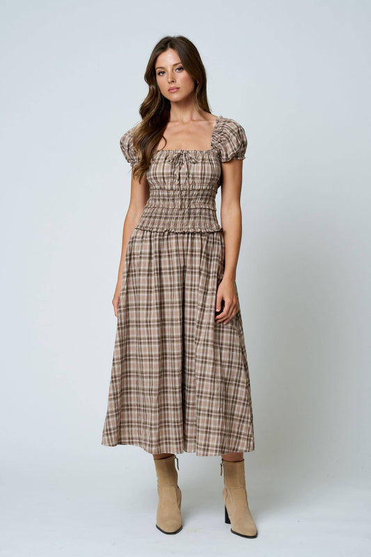 Maisie Plaid Puff Sleeve Smocked Waist A-Line Midi Dress: Khaki