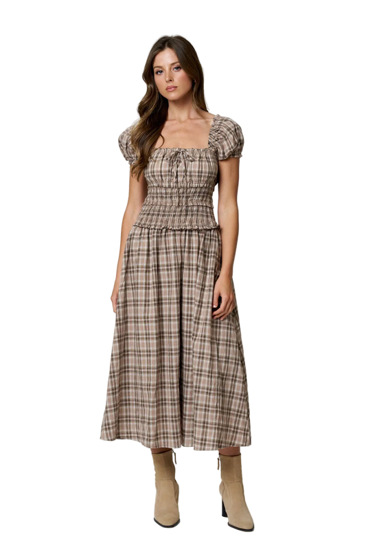 Maisie Plaid Puff Sleeve Smocked Waist A-Line Midi Dress: Khaki