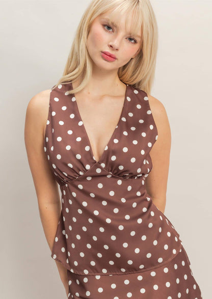 Lola Polka Dot V-Neck Satin Top: CHOCOLATE