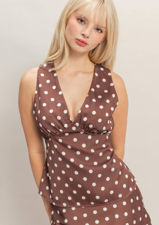 Lola Polka Dot V-Neck Satin Top: CHOCOLATE